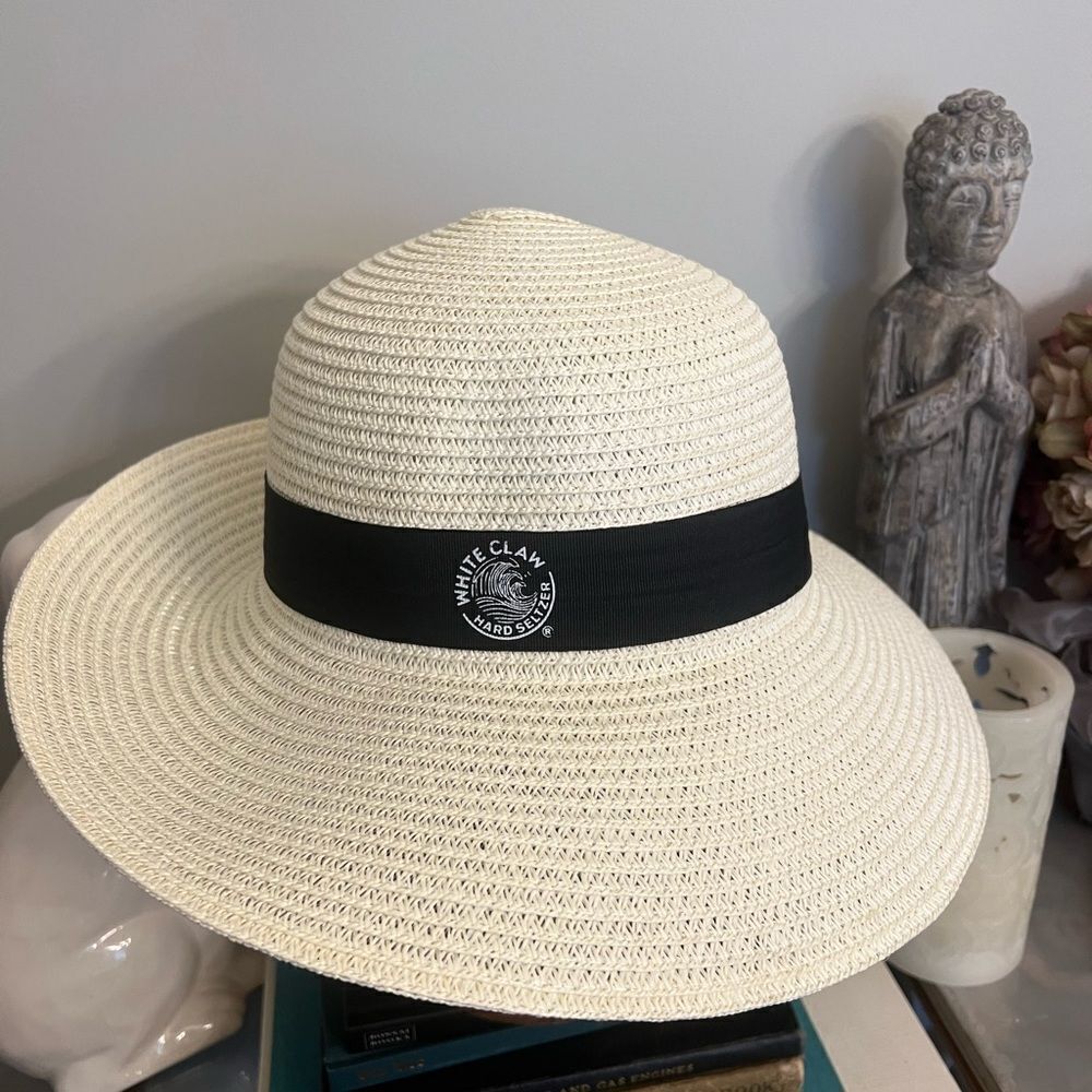 New WHITE CLAW Seltzer Panama Womens Sun Hat Black Ribbon Resort Beach Demure - Picture 3 of 6